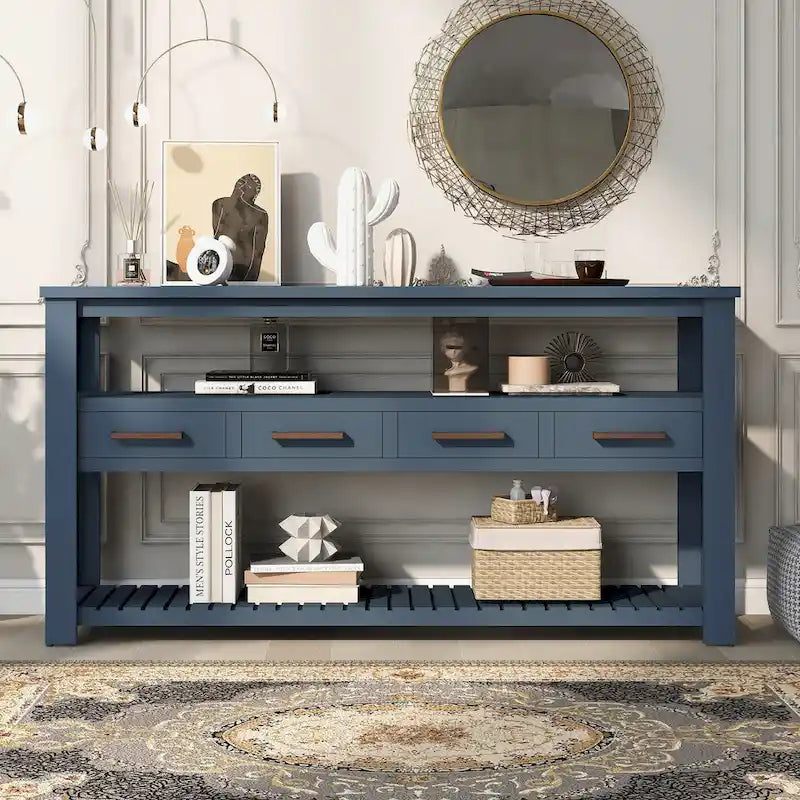 Console en MDF et pin avec 4 tiroirs et 2 étagères, noir/blanc/bleu marine, style classique