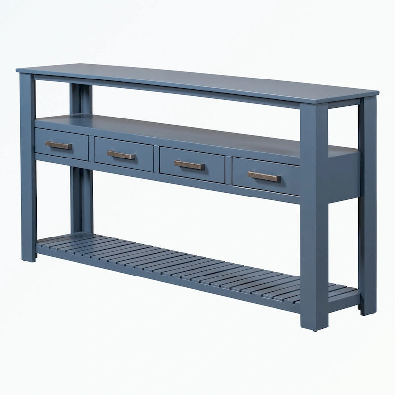 Console en MDF et pin avec 4 tiroirs et 2 étagères, noir/blanc/bleu marine, style classique