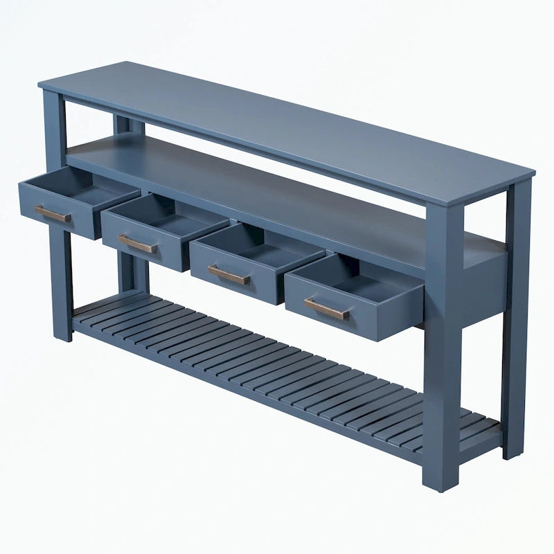 Console en MDF et pin avec 4 tiroirs et 2 étagères, noir/blanc/bleu marine, style classique