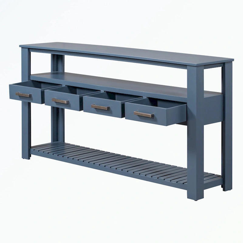 Console en MDF et pin avec 4 tiroirs et 2 étagères, noir/blanc/bleu marine, style classique