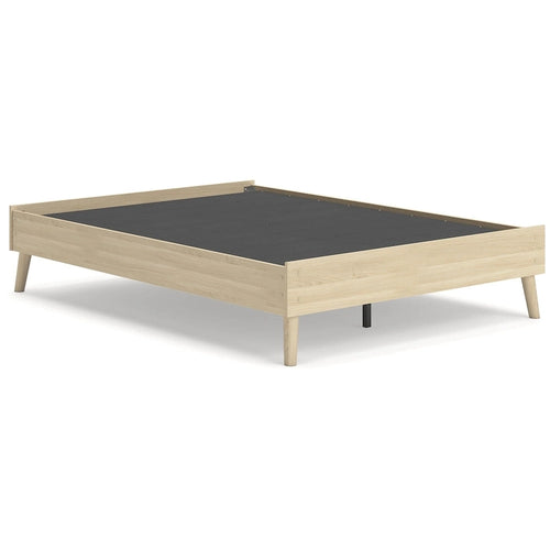 Lit plateforme en bois de frêne avec pied de lit, marron clair, style naturel, deux places, pleine grandeur / grand.