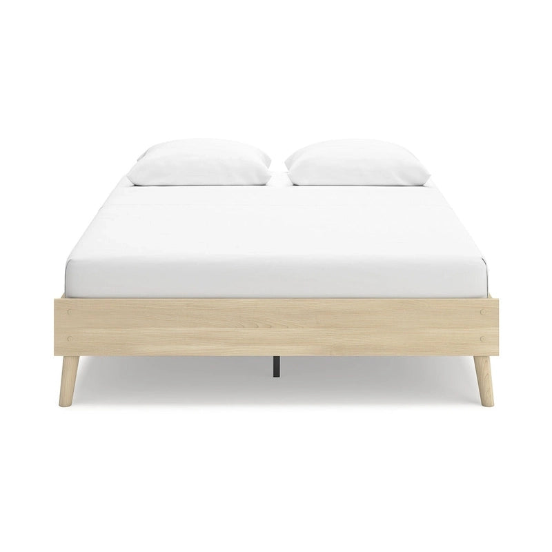 Lit plateforme en bois de frêne avec pied de lit, marron clair, style naturel, deux places, pleine grandeur / grand.