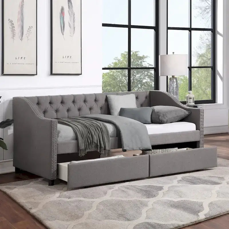 Lit de repos une place avec 2 tiroirs de rangement, gris, capitonné, 1 personne