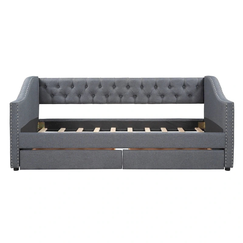 Lit de repos une place avec 2 tiroirs de rangement, gris, capitonné, 1 personne
