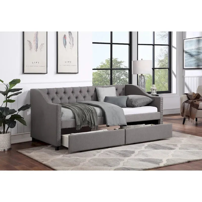 Lit de repos une place avec 2 tiroirs de rangement, gris, capitonné, 1 personne