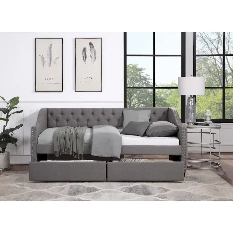 Lit de repos une place avec 2 tiroirs de rangement, gris, capitonné, 1 personne