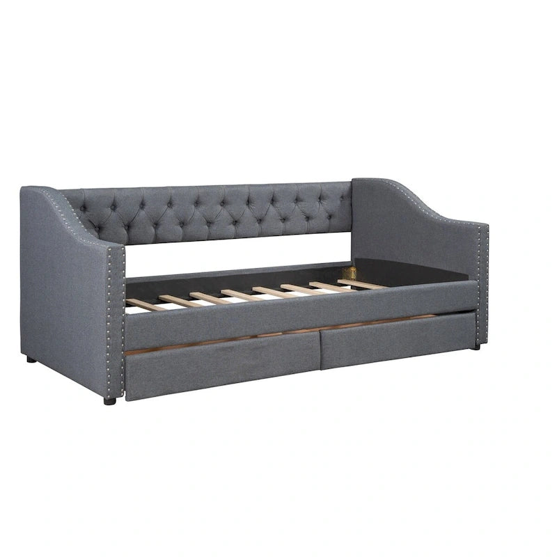 Lit de repos une place avec 2 tiroirs de rangement, gris, capitonné, 1 personne