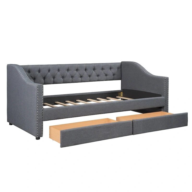 Lit de repos une place avec 2 tiroirs de rangement, gris, capitonné, 1 personne