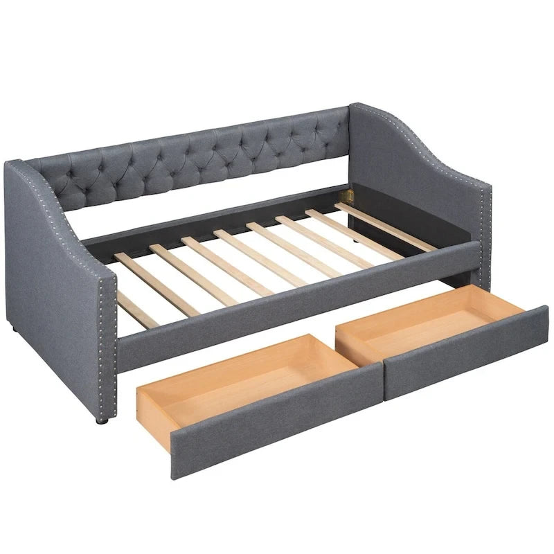Lit de repos une place avec 2 tiroirs de rangement, gris, capitonné, 1 personne