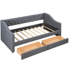 Lit de repos une place avec 2 tiroirs de rangement, gris, capitonné, 1 personne