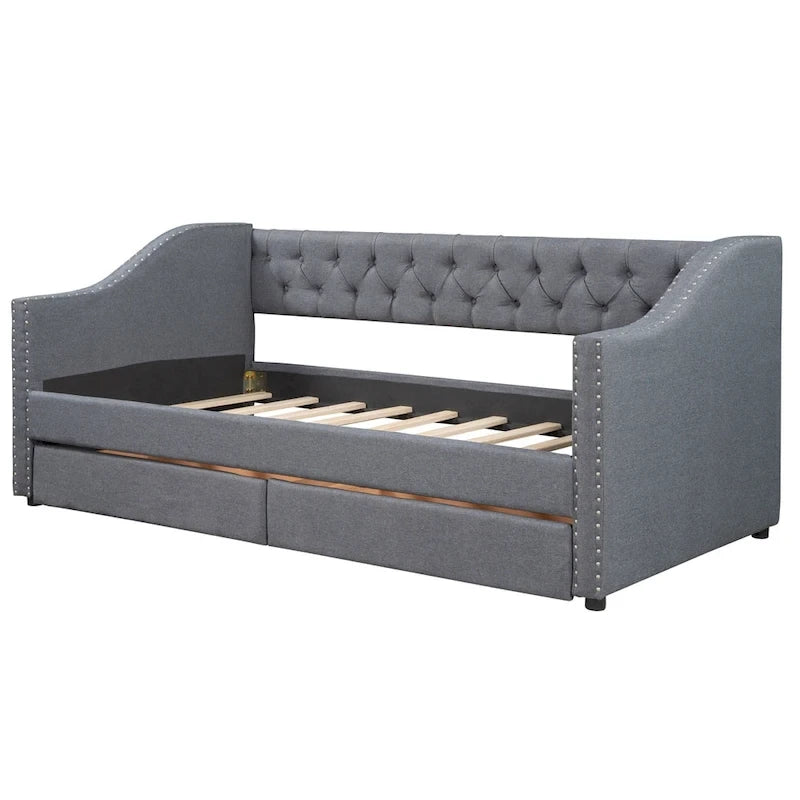 Lit de repos une place avec 2 tiroirs de rangement, gris, capitonné, 1 personne