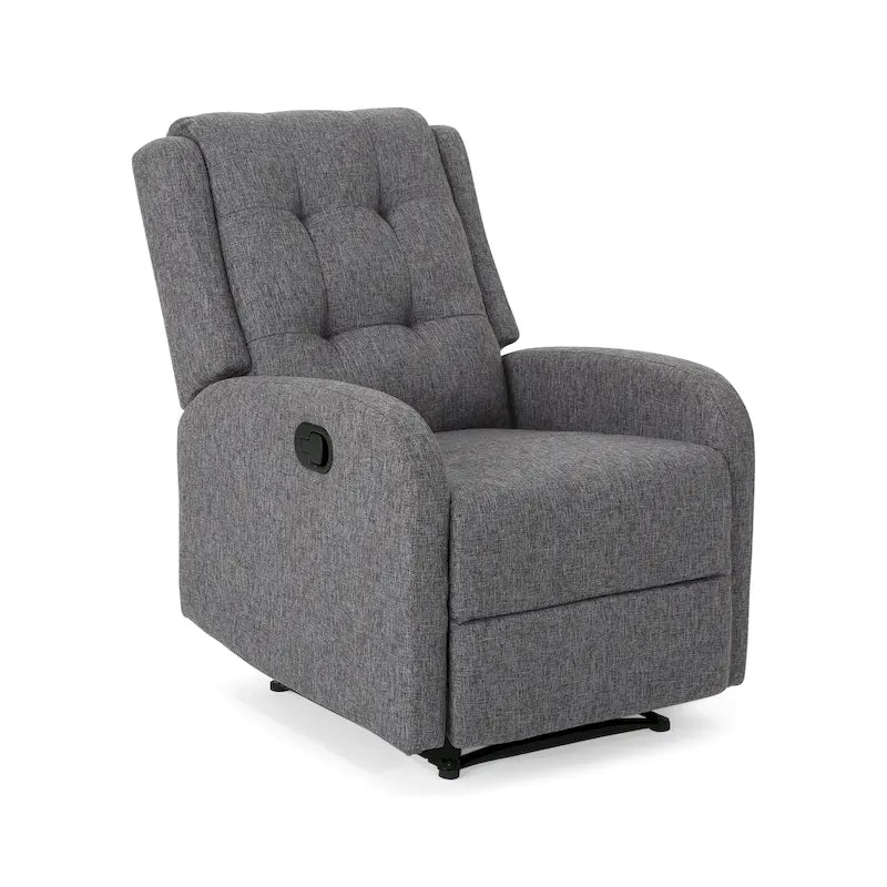 Fauteuil inclinable compact, capitonné et clouté, en tweed anthracite / beige / bleu marine, style traditionnel, 1 place