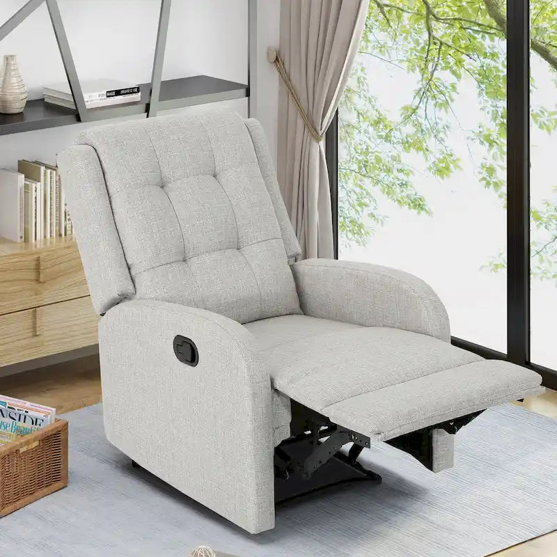 Fauteuil inclinable compact, capitonné et clouté, en tweed anthracite / beige / bleu marine, style traditionnel, 1 place