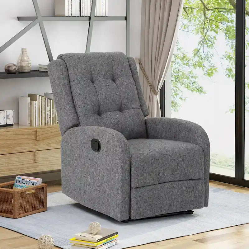Fauteuil inclinable compact, capitonné et clouté, en tweed anthracite / beige / bleu marine, style traditionnel, 1 place