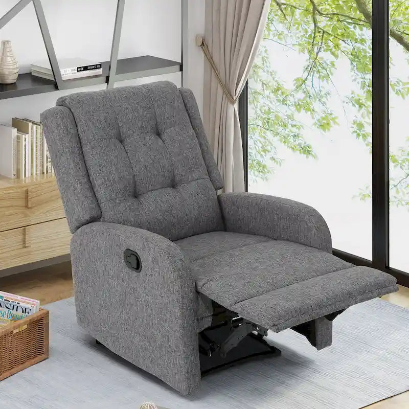 Fauteuil inclinable compact, capitonné et clouté, en tweed anthracite / beige / bleu marine, style traditionnel, 1 place