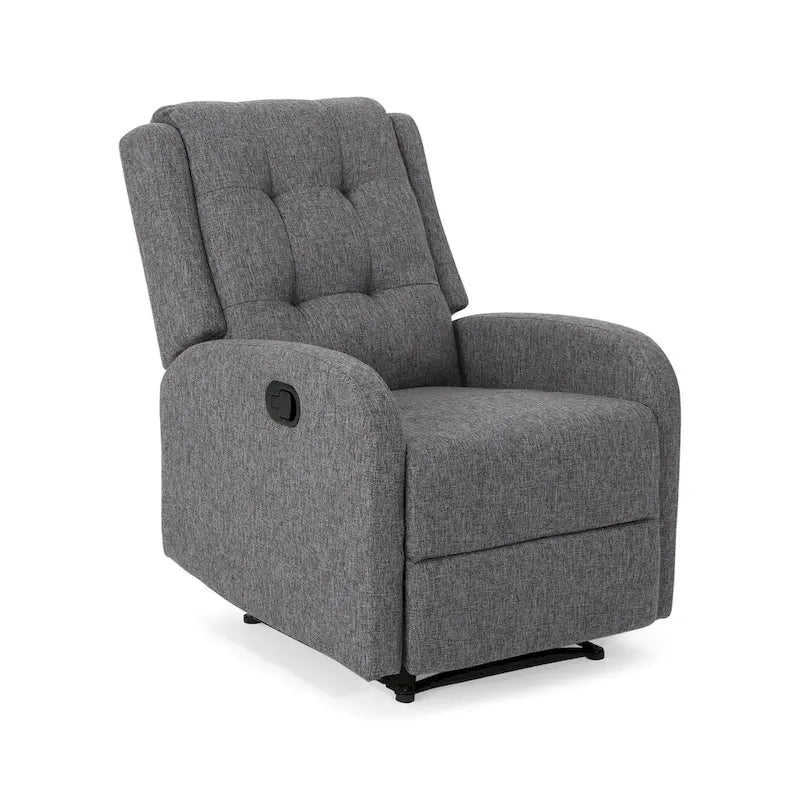 Fauteuil inclinable compact, capitonné et clouté, en tweed anthracite / beige / bleu marine, style traditionnel, 1 place