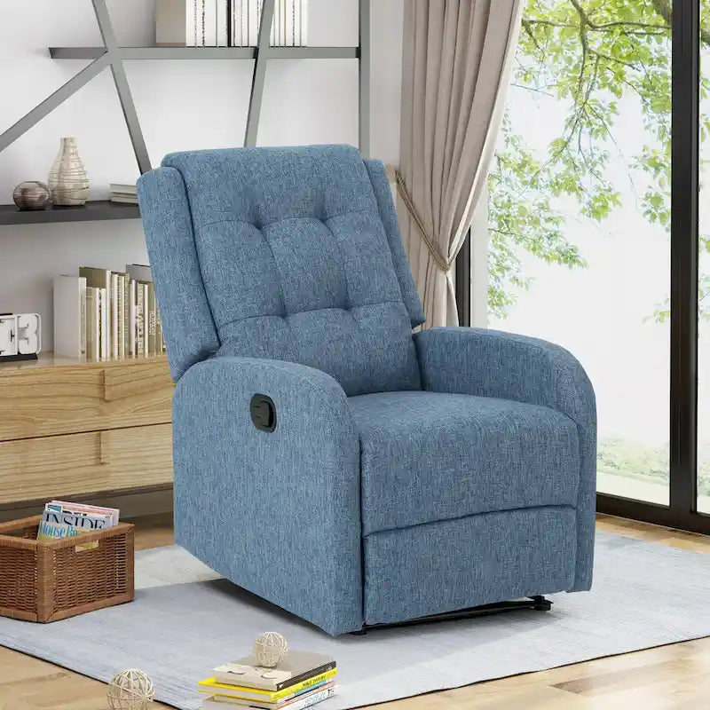Fauteuil inclinable compact, capitonné et clouté, en tweed anthracite / beige / bleu marine, style traditionnel, 1 place