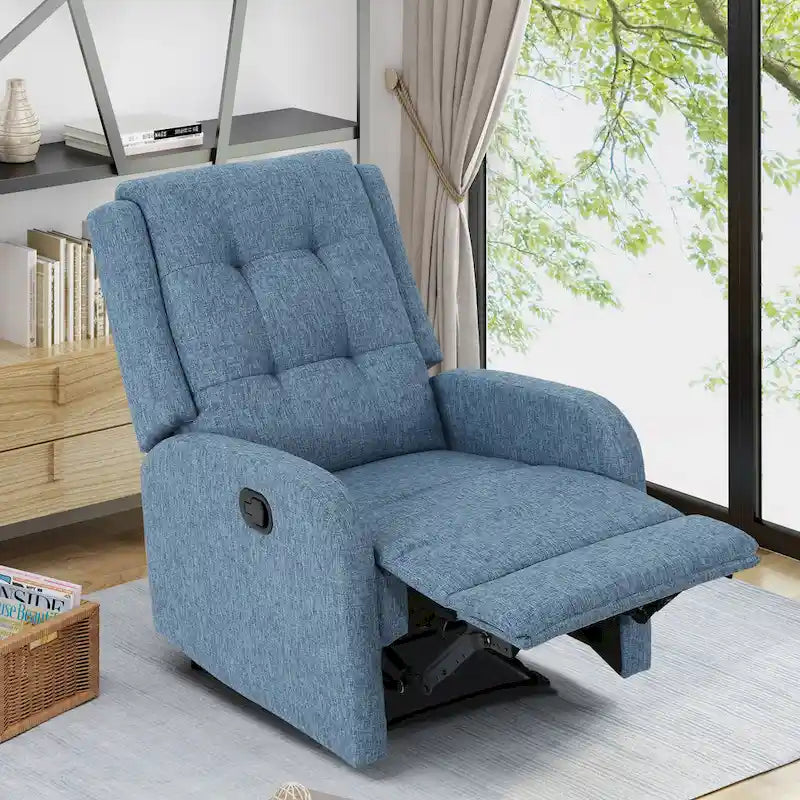 Fauteuil inclinable compact, capitonné et clouté, en tweed anthracite / beige / bleu marine, style traditionnel, 1 place