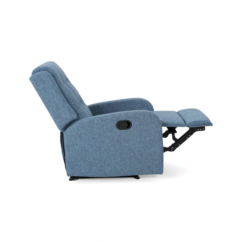 Fauteuil inclinable compact, capitonné et clouté, en tweed anthracite / beige / bleu marine, style traditionnel, 1 place