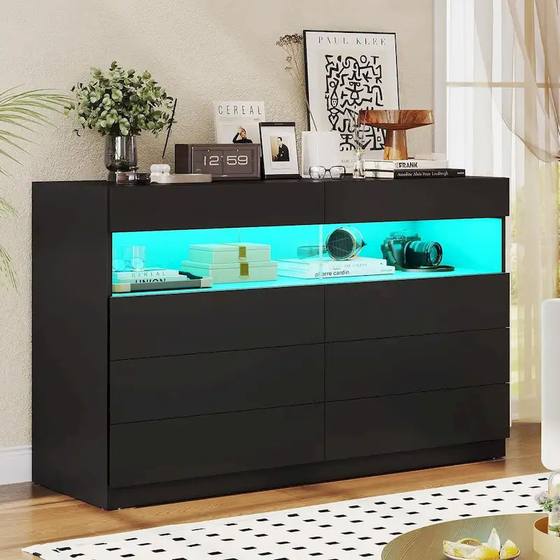 Commode 8 tiroirs avec lumières LED RVB et étagère ouverte, blanc/noir, style moderne
