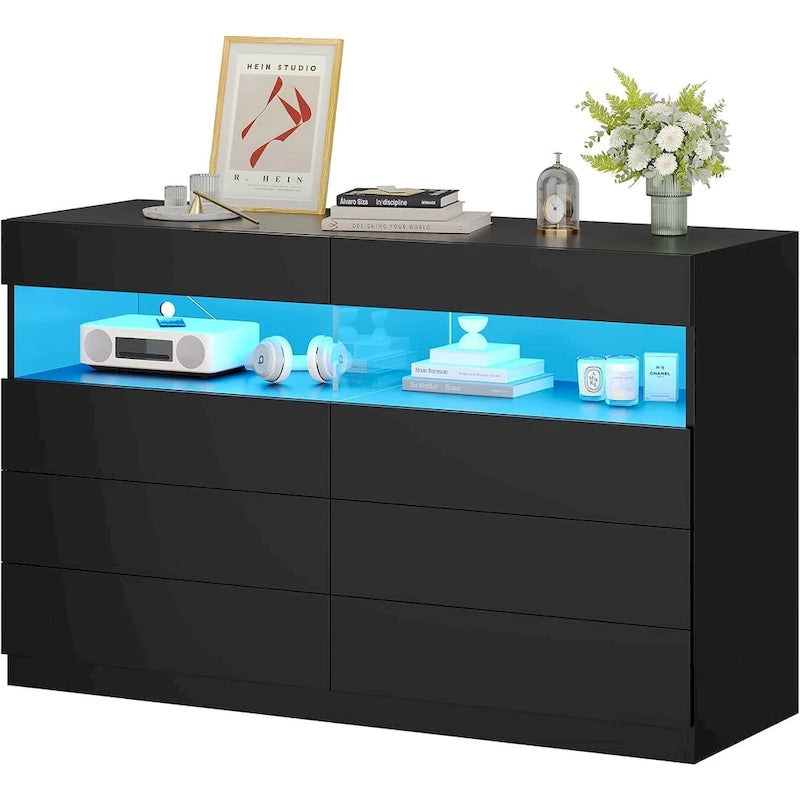 Commode 8 tiroirs avec lumières LED RVB et étagère ouverte, blanc/noir, style moderne