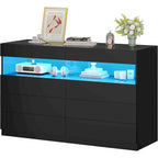 Commode 8 tiroirs avec lumières LED RVB et étagère ouverte, blanc/noir, style moderne