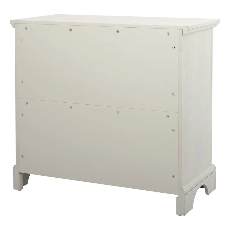 Commode à 3 tiroirs avec pieds à consoles et façades à panneaux, blanche, style ferme moderne
