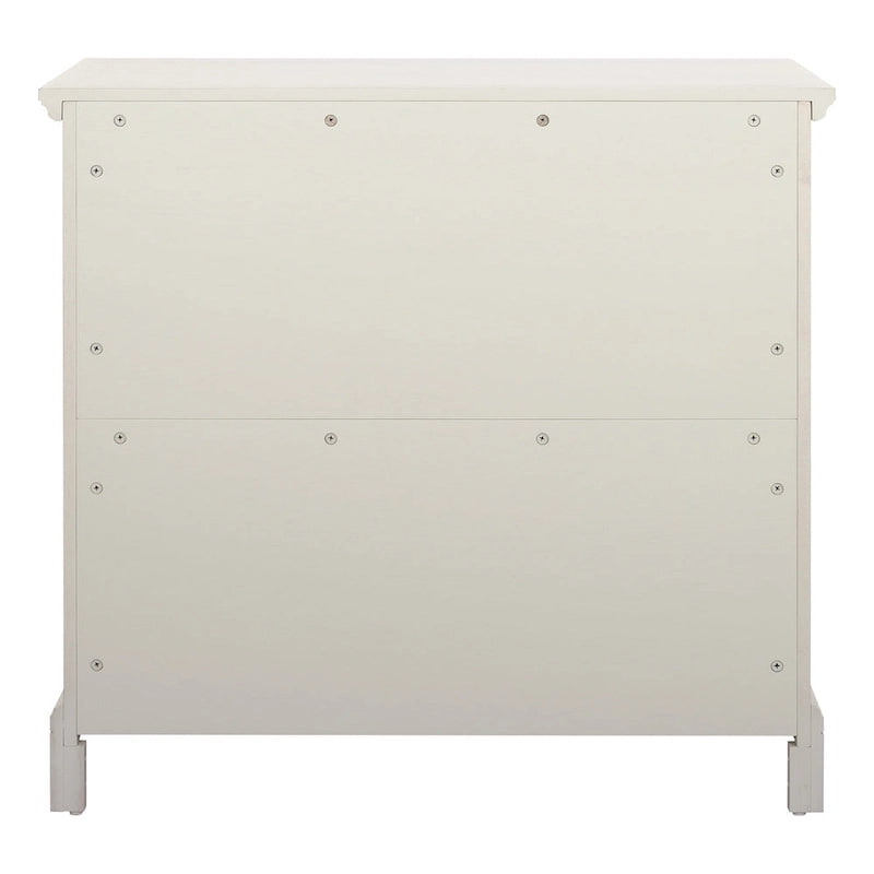Commode à 3 tiroirs avec pieds à consoles et façades à panneaux, blanche, style ferme moderne