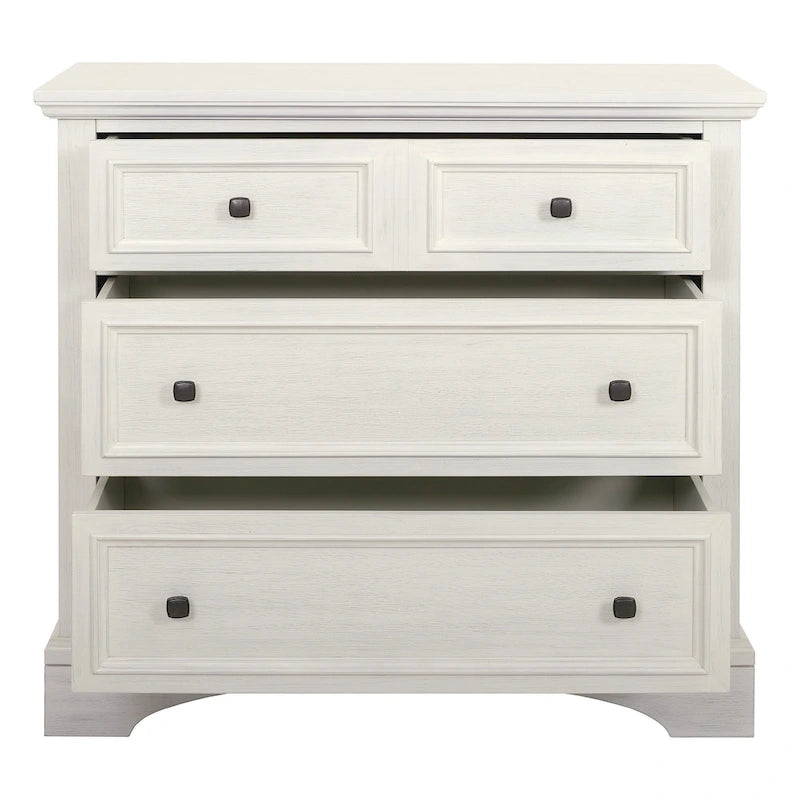 Commode à 3 tiroirs avec pieds à consoles et façades à panneaux, blanche, style ferme moderne