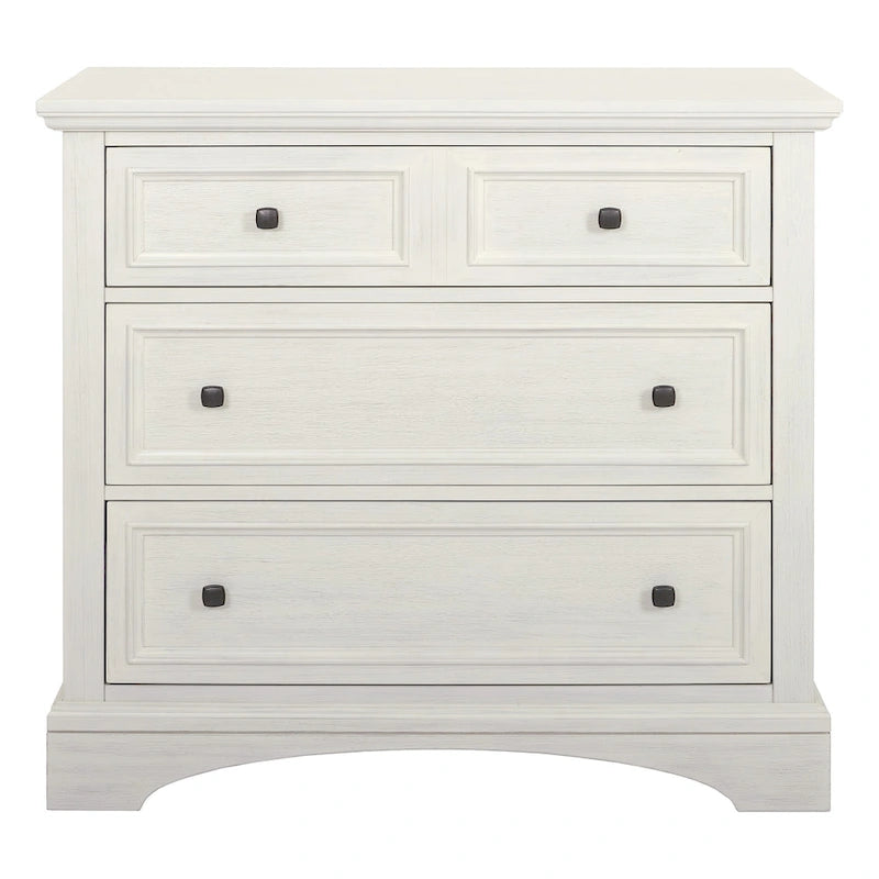 Commode à 3 tiroirs avec pieds à consoles et façades à panneaux, blanche, style ferme moderne