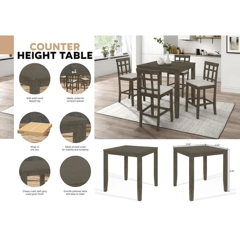 Table à manger carrée à hauteur de comptoir en bois d'hévéa massif, gris, style ferme moderne, 4 personnes