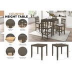 Table à manger carrée à hauteur de comptoir en bois d'hévéa massif, gris, style ferme moderne, 4 personnes