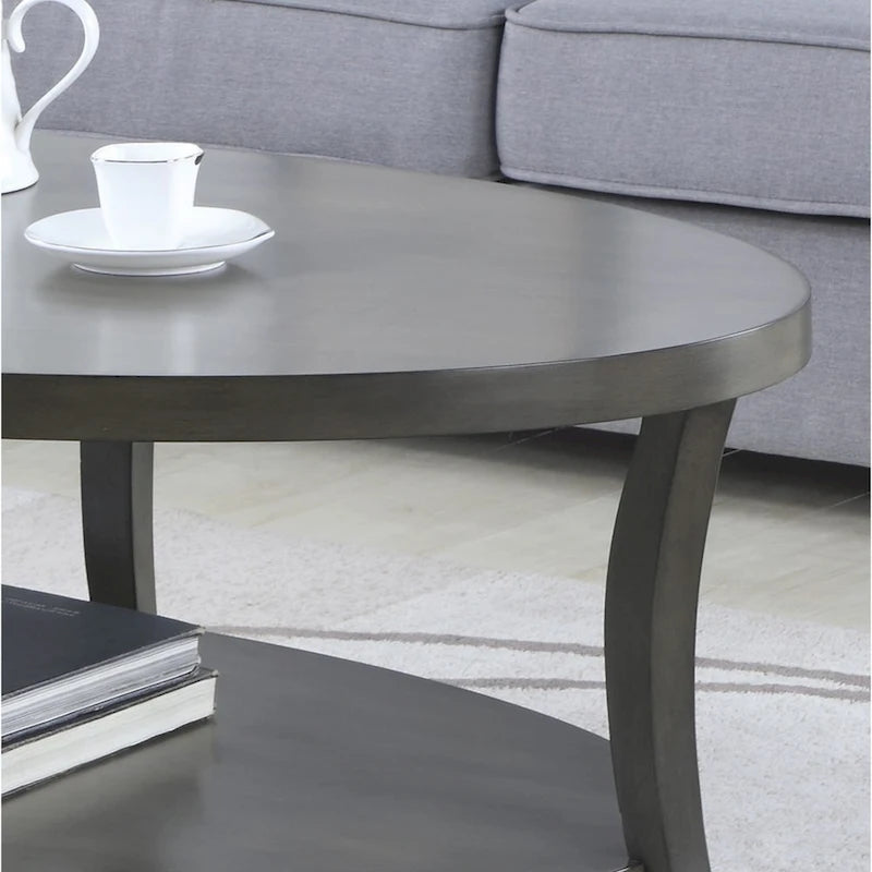 Table basse ovale en bois de bouleau avec étagère inférieure, grise, pieds incurvés, style moderne