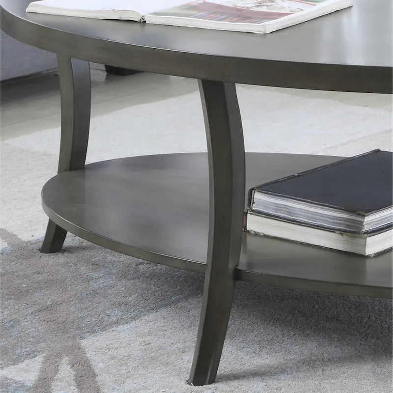 Table basse ovale en bois de bouleau avec étagère inférieure, grise, pieds incurvés, style moderne