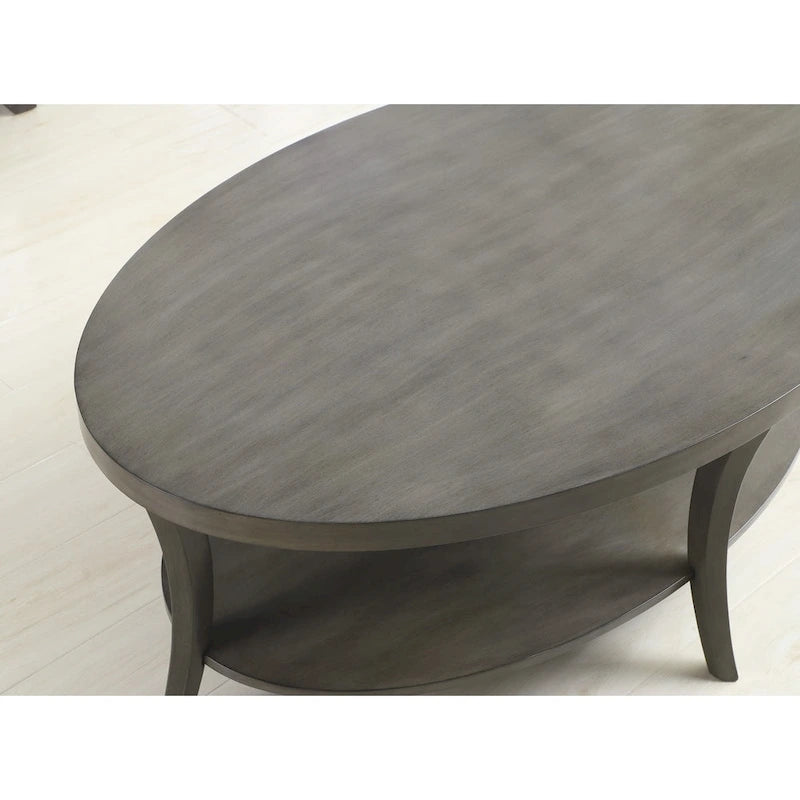 Table basse ovale en bois de bouleau avec étagère inférieure, grise, pieds incurvés, style moderne