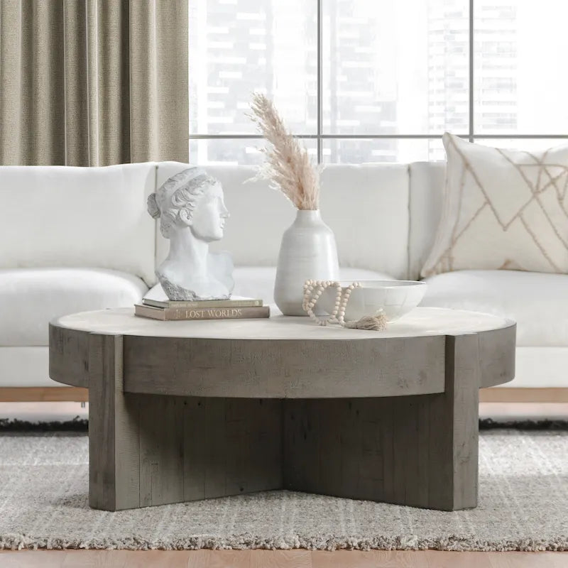 Table basse ronde en pin recyclé avec plateau en stratifié effet béton, Gris / Blanc antique, Piétement croisé, Style industriel