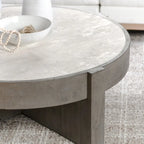 Table basse ronde en pin recyclé avec plateau en stratifié effet béton, Gris / Blanc antique, Piétement croisé, Style industriel