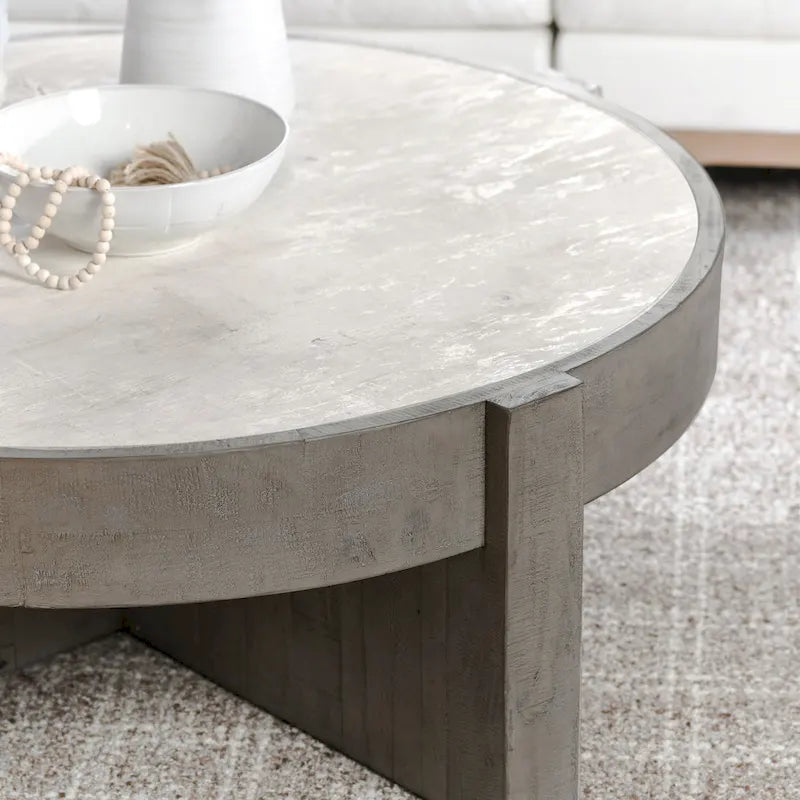 Table basse ronde en pin recyclé avec plateau en stratifié effet béton, Gris / Blanc antique, Piétement croisé, Style industriel