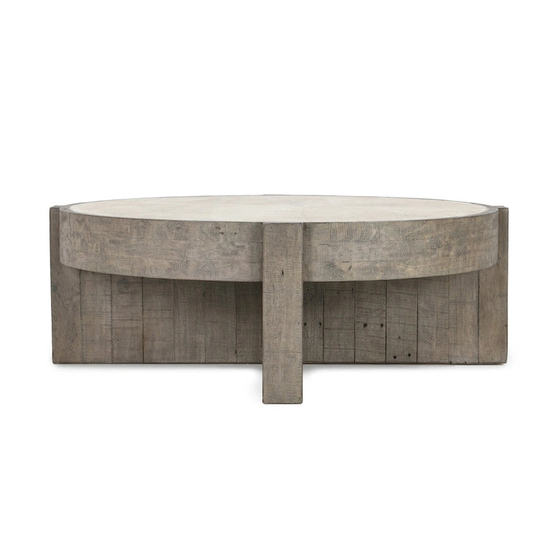 Table basse ronde en pin recyclé avec plateau en stratifié effet béton, Gris / Blanc antique, Piétement croisé, Style industriel