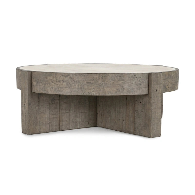 Table basse ronde en pin recyclé avec plateau en stratifié effet béton, Gris / Blanc antique, Piétement croisé, Style industriel