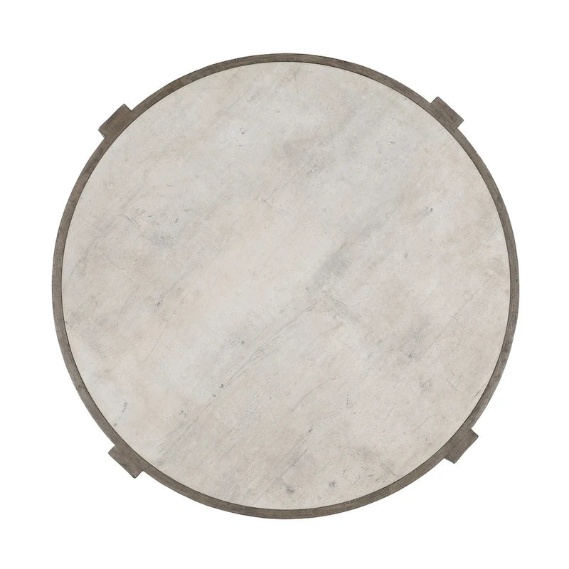 Table basse ronde en pin recyclé avec plateau en stratifié effet béton, Gris / Blanc antique, Piétement croisé, Style industriel