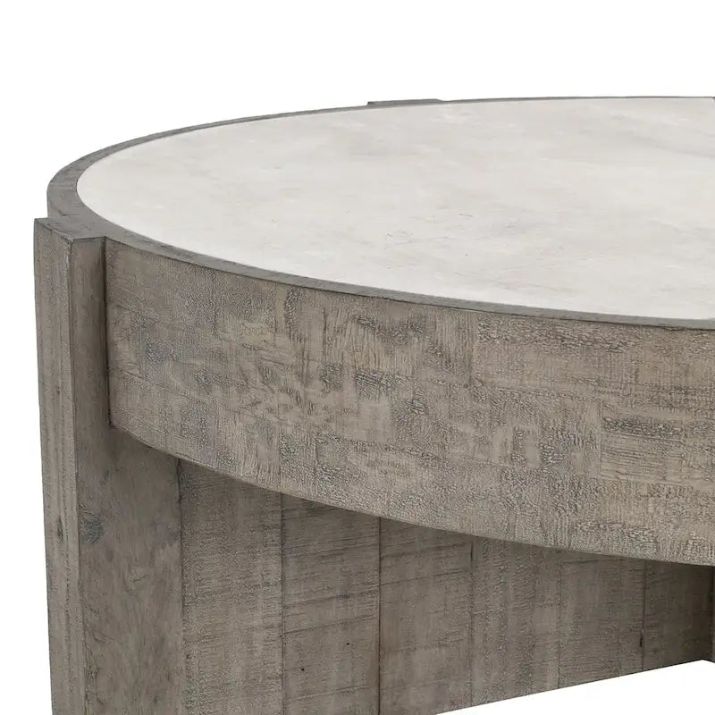 Table basse ronde en pin recyclé avec plateau en stratifié effet béton, Gris / Blanc antique, Piétement croisé, Style industriel