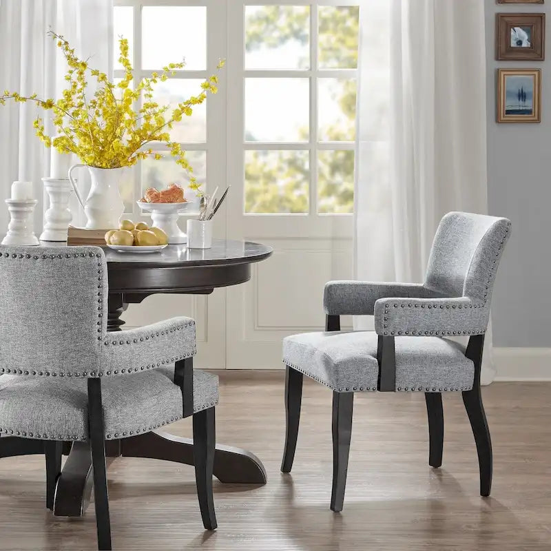 Chaise de salle à manger capitonnée avec accoudoirs, Gris, Clous décoratifs, 1 personne