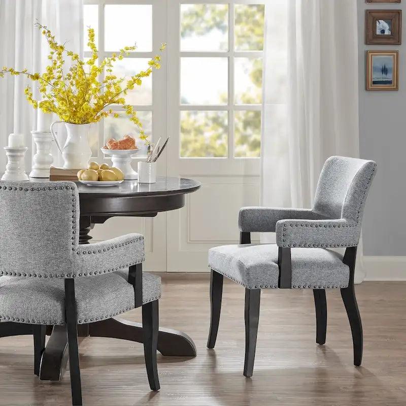 Chaise de salle à manger capitonnée avec accoudoirs, Gris, Clous décoratifs, 1 personne