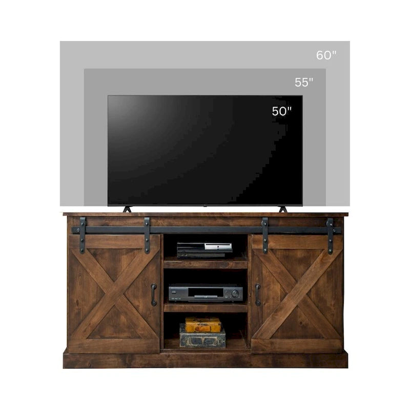 Meuble TV d'angle en aulne noueux avec portes coulissantes façon grange, finition Aged Whiskey, style rustique fermier, convient aux téléviseurs jusqu'à 60 pouces