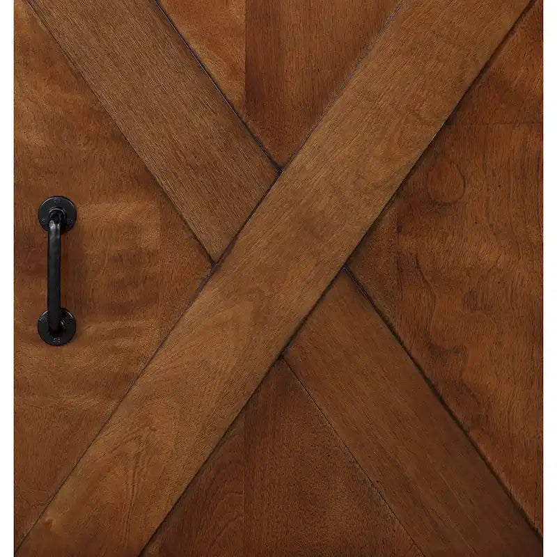 Meuble TV d'angle en aulne noueux avec portes coulissantes façon grange, finition Aged Whiskey, style rustique fermier, convient aux téléviseurs jusqu'à 60 pouces