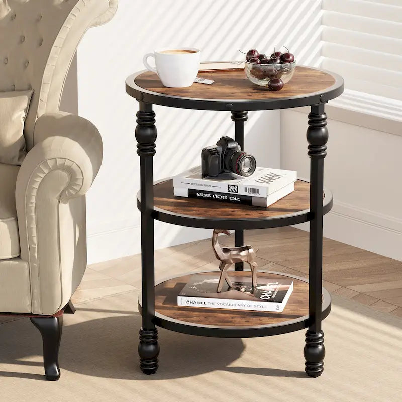 Table d'appoint ronde à 3 niveaux avec cadre en métal, marron/noir, style industriel vintage