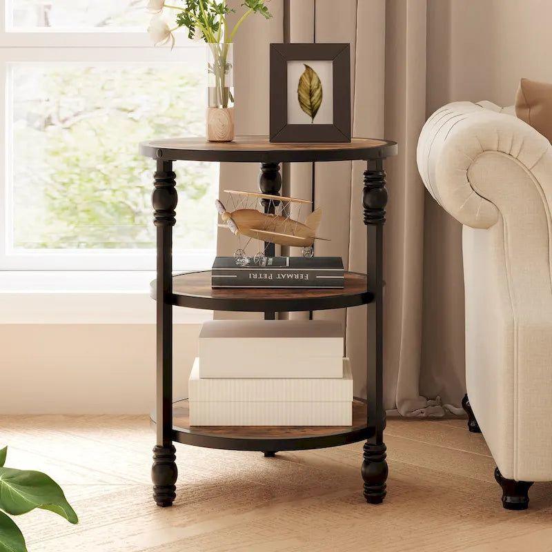 Table d'appoint ronde à 3 niveaux avec cadre en métal, marron/noir, style industriel vintage