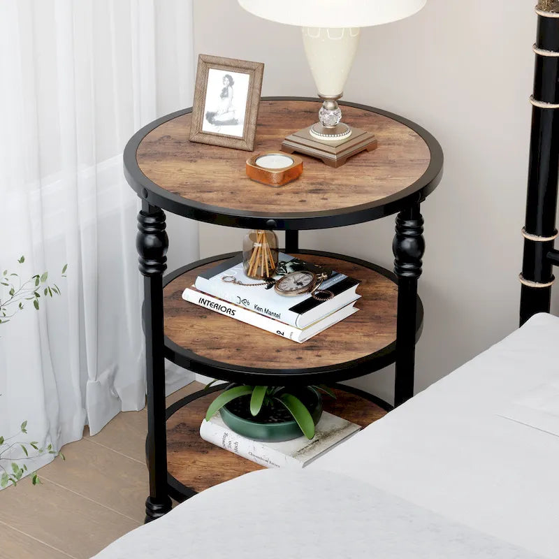 Table d'appoint ronde à 3 niveaux avec cadre en métal, marron/noir, style industriel vintage