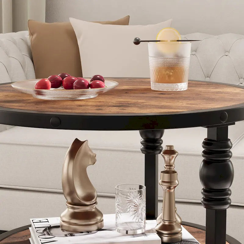 Table d'appoint ronde à 3 niveaux avec cadre en métal, marron/noir, style industriel vintage